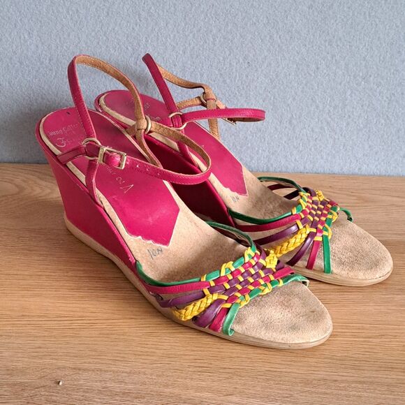 Vintage Famolare Sandals 10 Narrow 70s Hi-Up Pink Wavy Platform Strappy Wedge - Picture 1 of 11